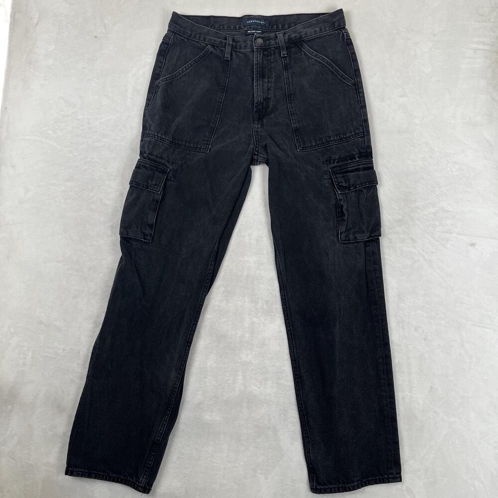 Aeropostale Relaxed Cargo Jeans Mens 32x34 Black Straight Denim Charcoal Wash